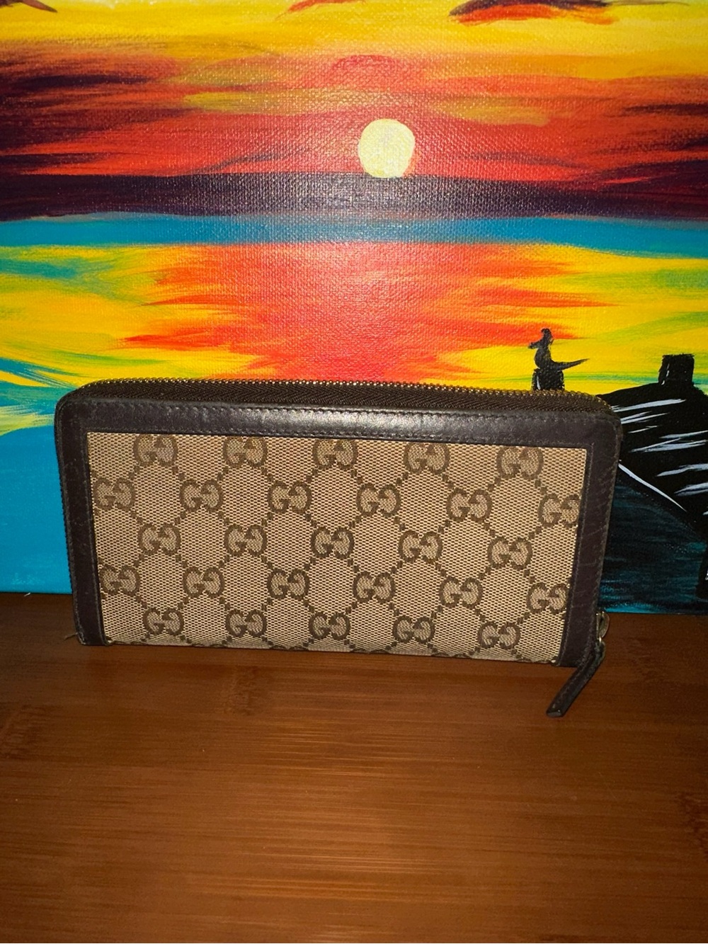 Gucci Beige Brown GG Canvas Zip Wallet with Gold Logo - Picture 2 of 6